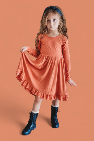 RUST LONG SLEEVE DREAM RUFFLE DRESS