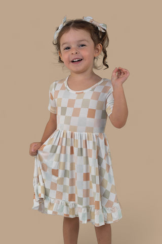 MUTED CHECKERS DREAM RUFFLE DRESS