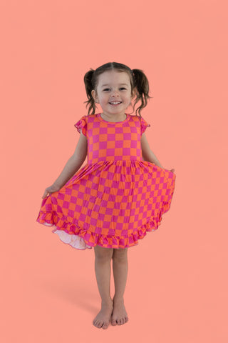 NEON DREAMS CHECKERS DREAM RUFFLE DRESS