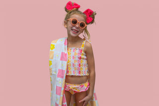 SUMMER SUNSET CHECKERS DREAM SMOCKED TANKINI TWO PIECE SWIM SUIT