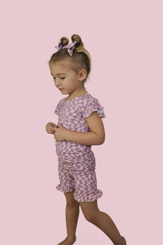 PLUM WAVY CHECKERS DREAM RUFFLE SHORT SET