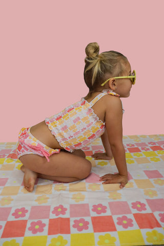 SUMMER SUNSET CHECKERS DREAM SMOCKED TANKINI TWO PIECE SWIM SUIT