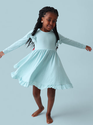 HAZY BLUE RIB DREAM RUFFLE DRESS