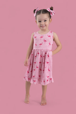 FLOCKING FLAMINGOS SLEEVELESS DREAM RUFFLE DRESS