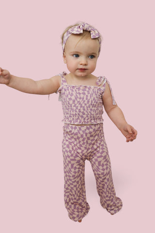 PLUM WAVY CHECKERS DREAM SMOCKED FLARE SET