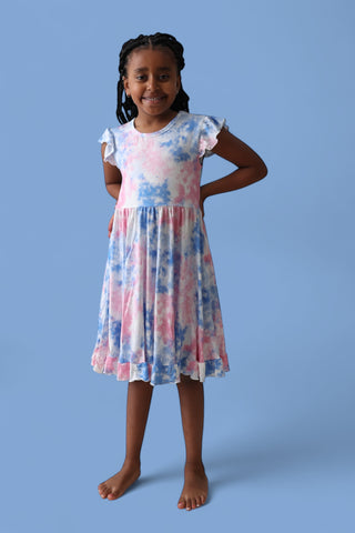 COTTON CANDY TIE DYE CAP SLEEVE DREAM RUFFLE DRESS
