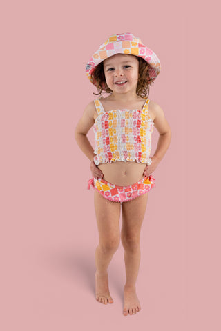 SUMMER SUNSET CHECKERS DREAM SMOCKED TANKINI TWO PIECE SWIM SUIT