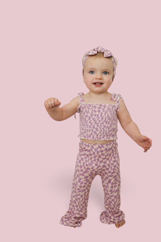 PLUM WAVY CHECKERS DREAM SMOCKED FLARE SET