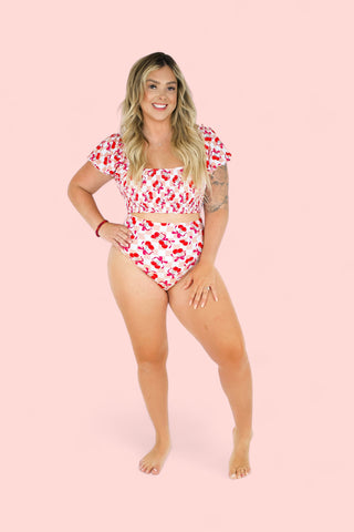 CHERRY SWEET CHECKERS DREAM SMOCKED OFF THE SHOULDER WOMENS SWIM SUIT