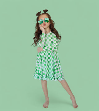 LUCKY CHECKERS LONG SLEEVE DREAM RUFFLE DRESS