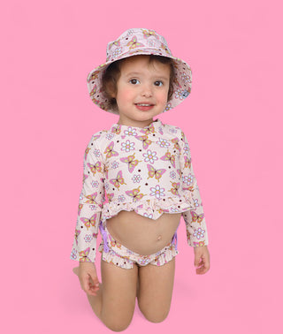 BLOSSOMIN’ BUTTERFLY DREAM 2-PIECE RASH GUARD RUFFLE SWIM SUIT