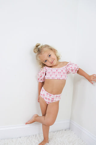 BOW CUTE DREAM SMOCKED OFF THE SHOULDER SWIM SUIT