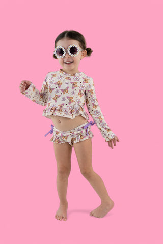 BLOSSOMIN’ BUTTERFLY DREAM 2-PIECE RASH GUARD RUFFLE SWIM SUIT