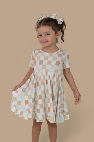 MUTED CHECKERS DREAM RUFFLE DRESS