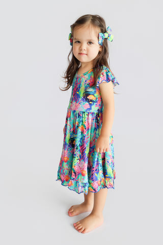 OCEAN GLOW CAP SLEEVE DREAM RUFFLE DRESS