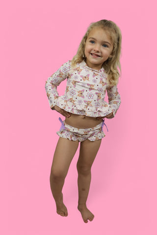 BLOSSOMIN’ BUTTERFLY DREAM 2-PIECE RASH GUARD RUFFLE SWIM SUIT