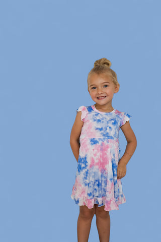 COTTON CANDY TIE DYE CAP SLEEVE DREAM RUFFLE DRESS