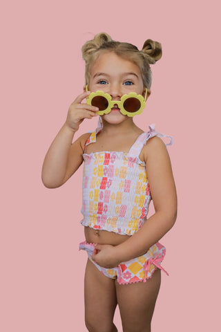 SUMMER SUNSET CHECKERS DREAM SMOCKED TANKINI TWO PIECE SWIM SUIT