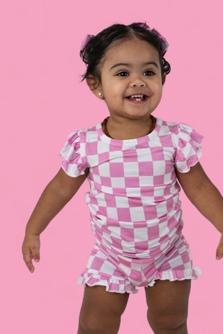 BUBBLEGUM CHECKERS DREAM RUFFLE SHORT SET