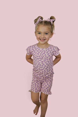 PLUM WAVY CHECKERS DREAM RUFFLE SHORT SET