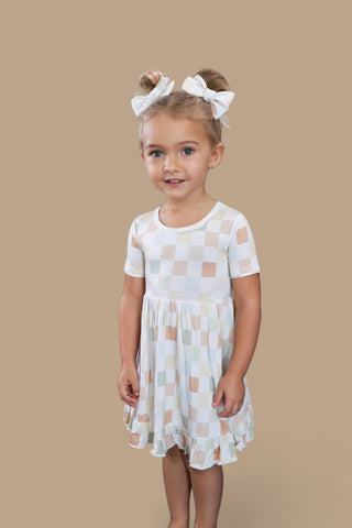 MUTED CHECKERS DREAM RUFFLE DRESS