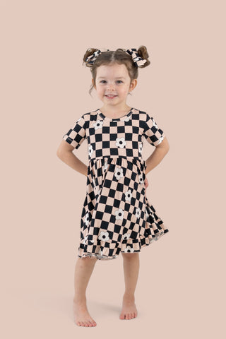 RETRO DAISY CHECKS DREAM SHORT SLEEVE RUFFLE DRESS