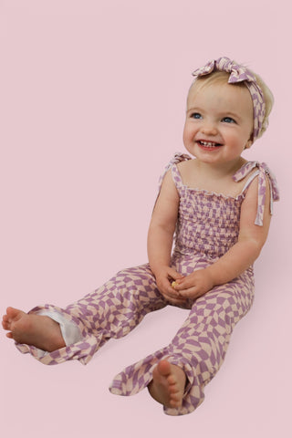 PLUM WAVY CHECKERS DREAM SMOCKED FLARE SET