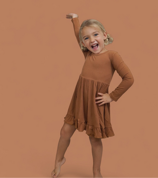 ESPRESSO LONG SLEEVE DREAM RUFFLE DRESS
