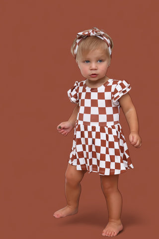 COPPER CHECKERS DREAM CAP SLEEVE BODYSUIT DRESS