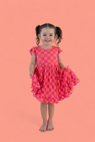 NEON DREAMS CHECKERS DREAM RUFFLE DRESS