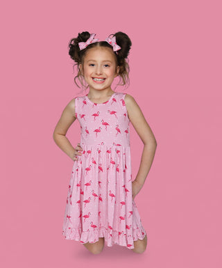 FLOCKING FLAMINGOS SLEEVELESS DREAM RUFFLE DRESS