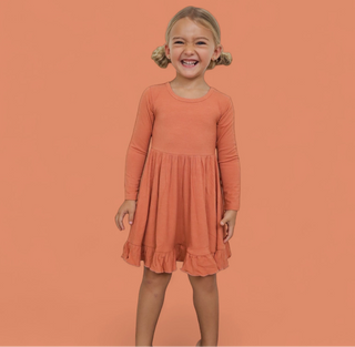 RUST LONG SLEEVE DREAM RUFFLE DRESS