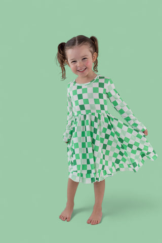 LUCKY CHECKERS LONG SLEEVE DREAM RUFFLE DRESS