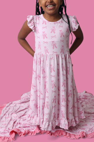 BALLET BOW BLISS DREAM CAP SLEEVE RUFFLE DRESS