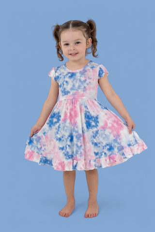 COTTON CANDY TIE DYE CAP SLEEVE DREAM RUFFLE DRESS