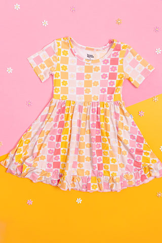 SUMMER SUNSET CHECKERS DREAM RUFFLE DRESS