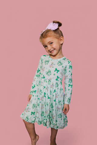 CLOVER BOWS LONG SLEEVE DREAM RUFFLE DRESS