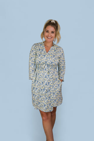 Women's robe with blue and yellow citrus toile print, three-quarter sleeves, and V-neckline.