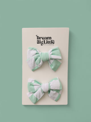 MINT CHECKERS DREAM BOW HAIR CLIPS