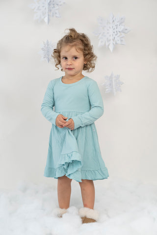 HAZY BLUE RIB DREAM RUFFLE DRESS