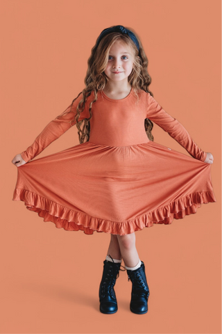 RUST LONG SLEEVE DREAM RUFFLE DRESS