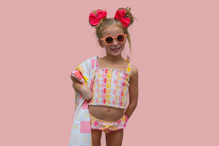 SUMMER SUNSET CHECKERS DREAM SMOCKED TANKINI TWO PIECE SWIM SUIT