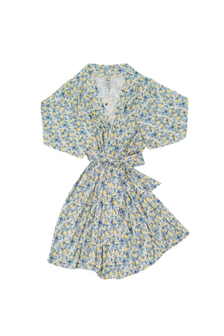 Wrap robe with blue and yellow citrus toile print, tie waist, and short sleeves.