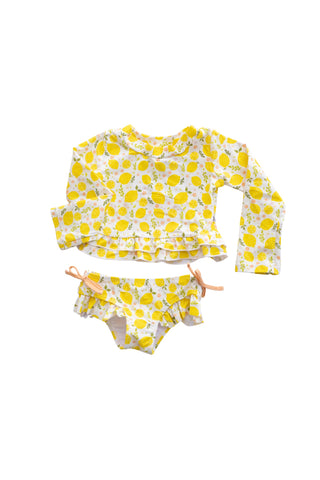LEMON BLOSSOMS DREAM RASH GUARD RUFFLE TWO-PIECE SWIM SUIT