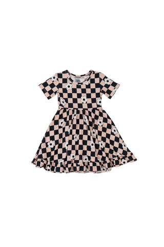 RETRO DAISY CHECKS DREAM SHORT SLEEVE RUFFLE DRESS