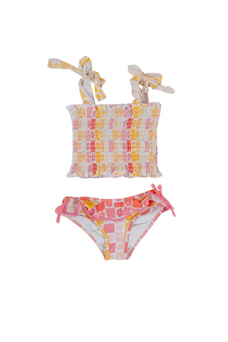 SUMMER SUNSET CHECKERS DREAM SMOCKED TANKINI TWO PIECE SWIM SUIT