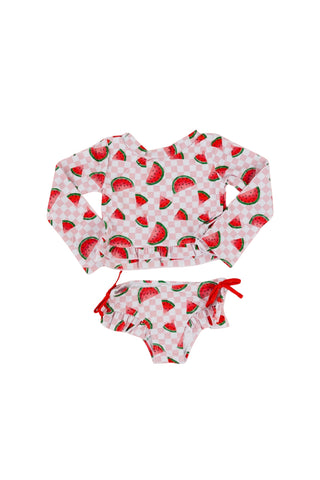 ONE IN A MELON DREAM TWO PIECE RASH GUARD RUFFLE SWIM SUIT