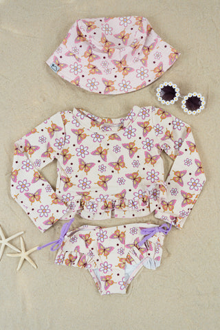 BLOSSOMIN’ BUTTERFLY DREAM 2-PIECE RASH GUARD RUFFLE SWIM SUIT