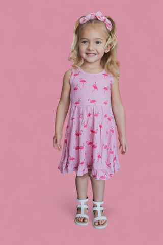 FLOCKING FLAMINGOS SLEEVELESS DREAM RUFFLE DRESS