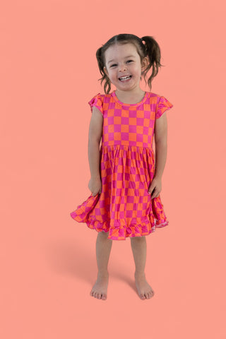 NEON DREAMS CHECKERS DREAM RUFFLE DRESS